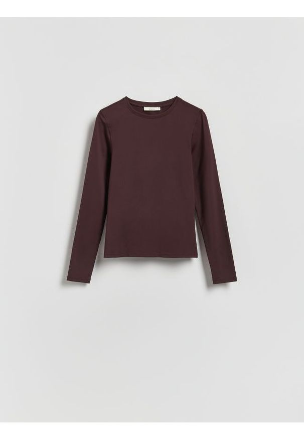 Reserved - Gładki longsleeve - brązowy. Kolor: brązowy. Materiał: dzianina. Długość rękawa: długi rękaw. Wzór: gładki