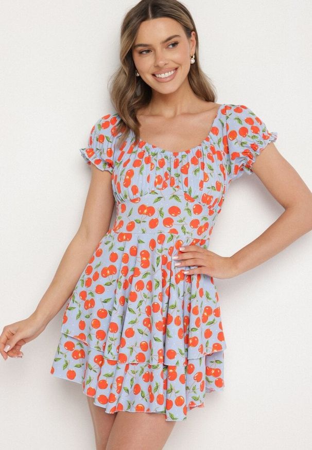 Born2be - Niebieska Rozkloszowana Sukienka z Bawełną z Motywem Wiśni Lunadessa. Okazja: na co dzień, na imprezę. Kolor: niebieski. Materiał: bawełna. Sezon: lato. Typ sukienki: proste. Styl: casual, elegancki, klasyczny