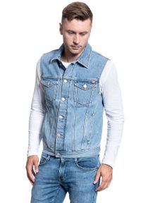 Mustang - MĘSKI BEZRĘKAWNIK JEANSOWY MUSTANG BIKER VEST 1009610 5000 210. Materiał: jeans. Długość rękawa: bez rękawów