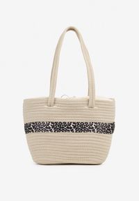 Born2be - Beżowa Torebka z Bawełny Ozdobiona Paskiem w Panterkę Felariela. Kolor: beżowy. Wzór: aplikacja, motyw zwierzęcy. Styl: boho, klasyczny, casual