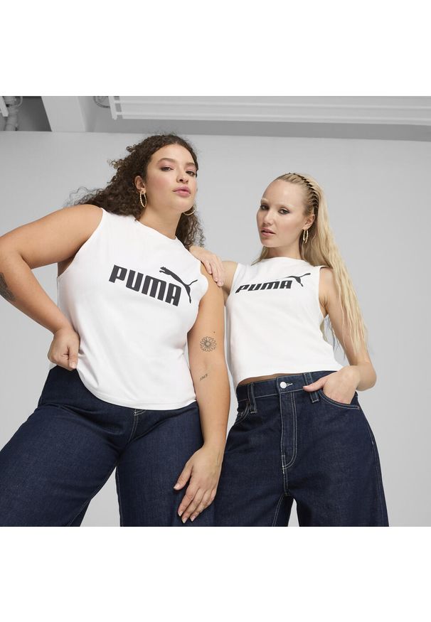 Puma - Damska wąska koszulka bez rękawów z logo No. 1 ESS PUMA White. Kolor: biały. Materiał: guma. Długość rękawa: bez rękawów. Wzór: nadruk. Sport: bieganie