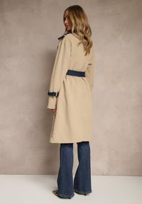 Renee - Beżowo-Granatowy Płaszcz z Bawełną Typu Trencz z Jeansowymi Wstawkami Felsedi. Okazja: na co dzień. Kolor: beżowy. Materiał: jeans, bawełna. Styl: klasyczny, casual, elegancki #4