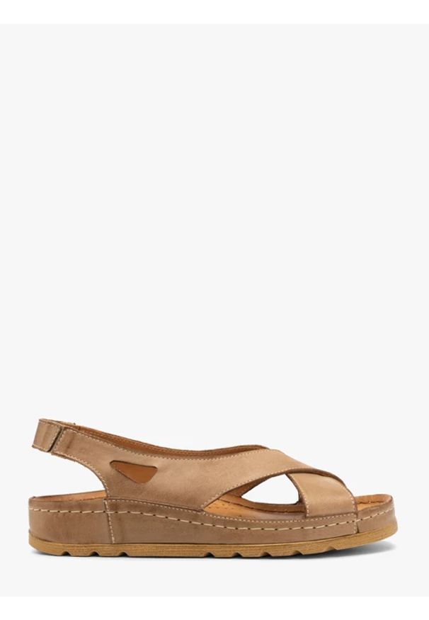 Ryłko - Beżowe sandały damskie. Zapięcie: bez zapięcia. Kolor: beżowy. Materiał: skóra. Sezon: lato. Styl: elegancki, street