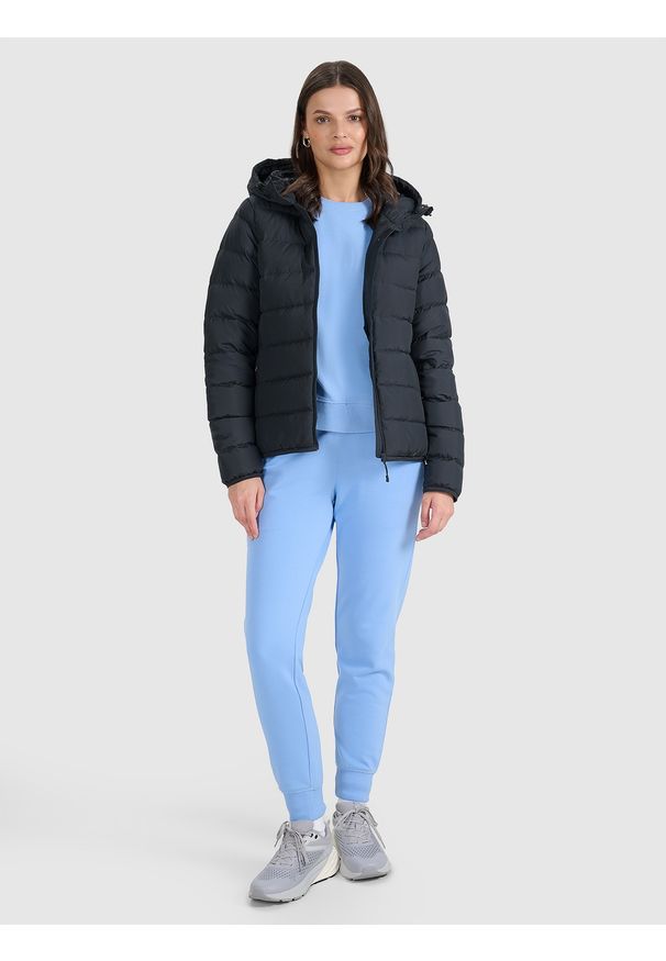 4f - 4F Kurtka puchowa z wypełnieniem naturalnym damska - czarna L. Okazja: na co dzień. Typ kołnierza: kaptur. Kolor: czarny. Materiał: puch. Sezon: zima, wiosna. Styl: casual, klasyczny, sportowy