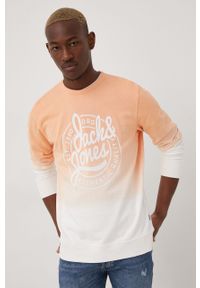 Jack & Jones bluza bawełniana męska kolor pomarańczowy z nadrukiem. Kolor: pomarańczowy. Materiał: bawełna. Wzór: nadruk