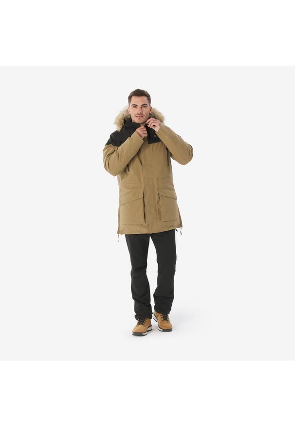 quechua - Parka turystyczna męska zimowa Quechua MH900 Warm -20°C wodoodporna. Typ kołnierza: kołnierzyk stójkowy. Kolor: czarny, brązowy, wielokolorowy. Materiał: syntetyk, futro. Sezon: zima. Styl: sportowy