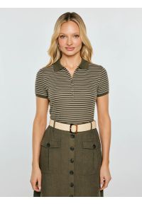 Big-Star - Koszulka damska polo w paski khaki Rellma 303. Typ kołnierza: polo. Kolor: zielony. Materiał: dzianina, włókno, materiał, prążkowany, bawełna. Wzór: paski. Styl: militarny, elegancki, klasyczny #1