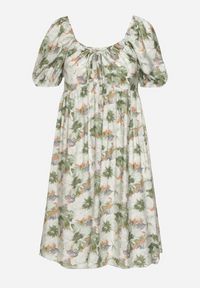 Born2be - Zielona Sukienka z Bufiastymi Rękawami i Wiązaniem przy Dekolcie z Gumką na Plecach Vikninna. Okazja: na co dzień, na randkę. Kolor: zielony. Materiał: jeans. Wzór: aplikacja, kwiaty. Sezon: lato. Styl: casual #2