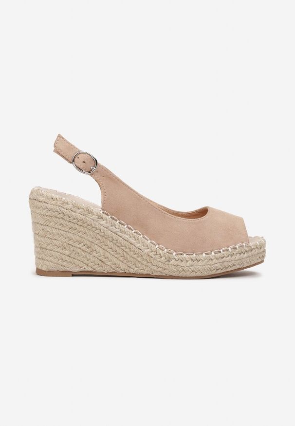 Renee - Ciemnobeżowe Plecione Sandały na Koturnie z Odkrytym Noskiem Christlyn. Kolor: beżowy. Sezon: wiosna, lato. Obcas: na koturnie