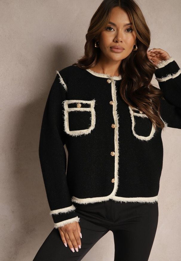 Renee - Czarny Rozpinany Kardigan w Eleganckim Stylu z Nitami i Lamówką Irinalea. Okazja: na co dzień, do pracy. Kolor: czarny. Materiał: jeans. Długość rękawa: długi rękaw. Długość: długie. Styl: elegancki