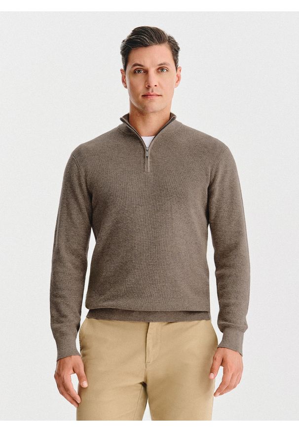 Pako Lorente - PAKO LORENTE - Brązowy sweter z rozpinaną stójką. Okazja: na co dzień. Typ kołnierza: kołnierzyk stójkowy. Kolor: szary, brązowy. Materiał: wełna, bawełna. Sezon: jesień. Styl: casual
