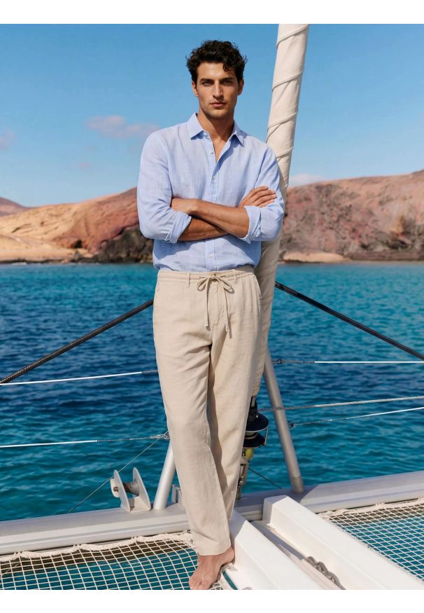 Big-Star - Spodnie męskie lniane perłowe Cabres 103. Kolor: kremowy. Materiał: len. Wzór: haft. Styl: klasyczny