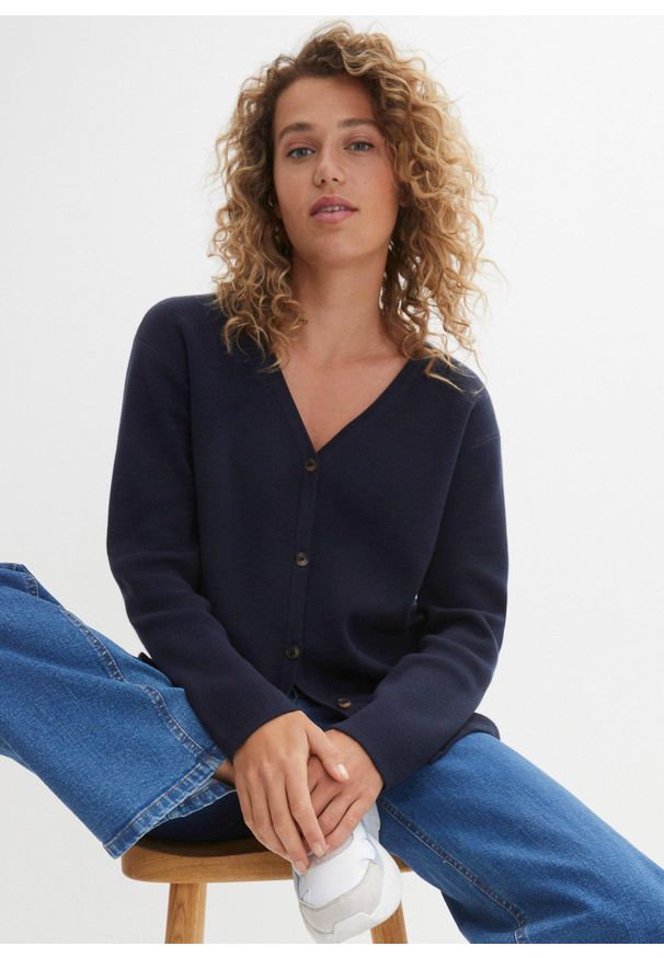 bonprix - Sweter rozpinany z dzianiny Milano w prążek. Kolor: niebieski. Materiał: dzianina. Wzór: prążki