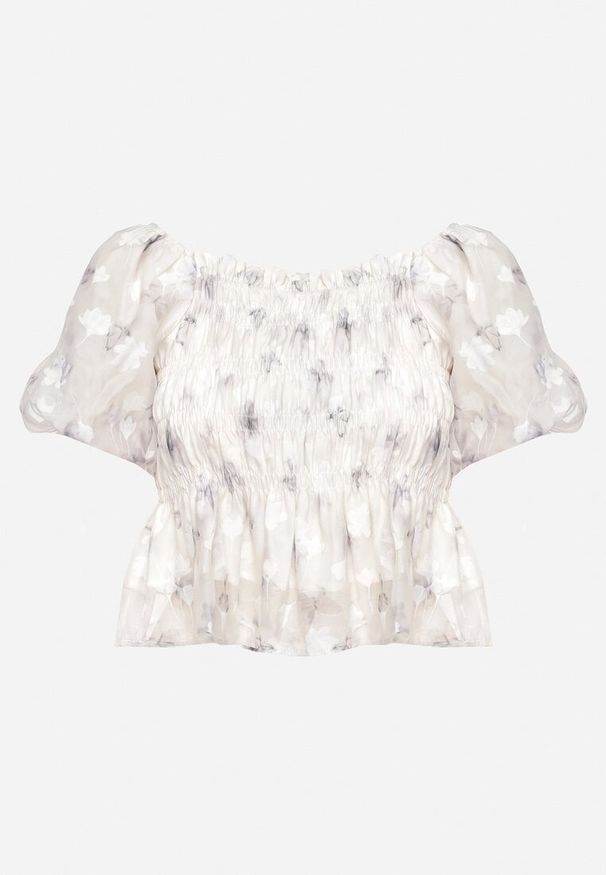 Born2be - Beżowo-Szara Bluzka z Marszczeniem Ozdobiona Falbanką i Siateczką o Kwiatowym Wzorze Felviana. Okazja: na co dzień. Kolor: beżowy. Materiał: jeans. Wzór: aplikacja, kwiaty. Styl: casual, elegancki