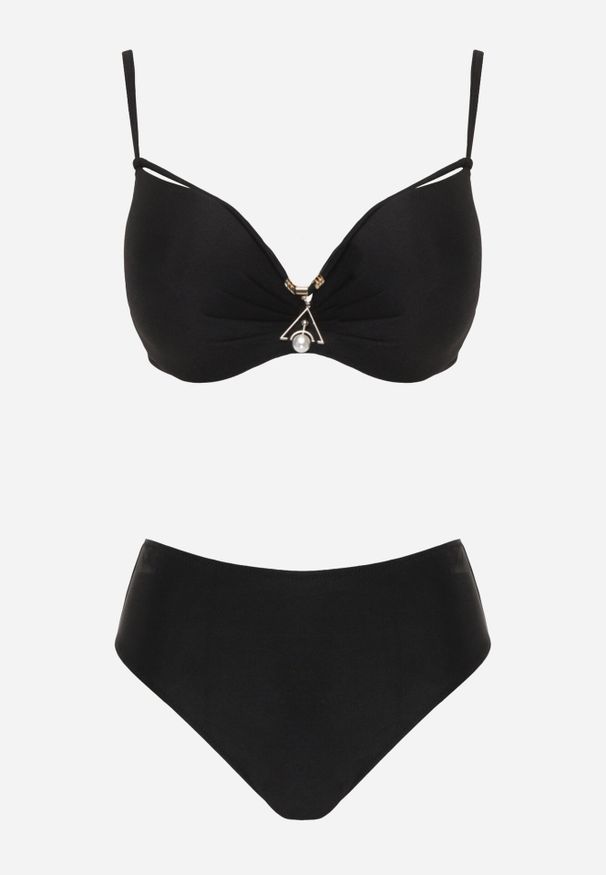 Born2be - Czarne Bikini Majtki Figi i Biustonosz z Paskami i Perłową Aplikacją Cahresha. Kolor: czarny. Wzór: aplikacja