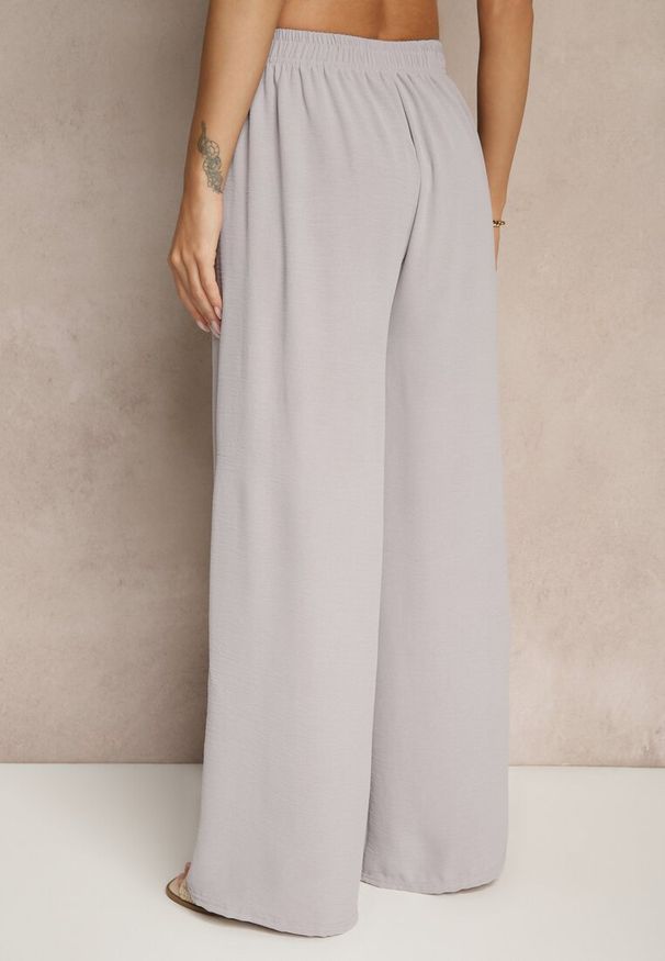 Renee - Szare Spodnie z Bawełną o Szerokim Kroju z Wiązaniem Rosanelisa. Okazja: na co dzień. Stan: podwyższony. Kolor: szary. Materiał: bawełna. Styl: casual