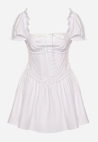 Born2be - Biała Sukienka Vices w Rustykalnym Stylu z Gorsetowym Wiązaniem Tolaviela. Okazja: na spacer, na imprezę. Typ kołnierza: dekolt gorset. Kolor: biały. Materiał: jeans. Wzór: aplikacja. Typ sukienki: gorsetowe. Styl: elegancki #7