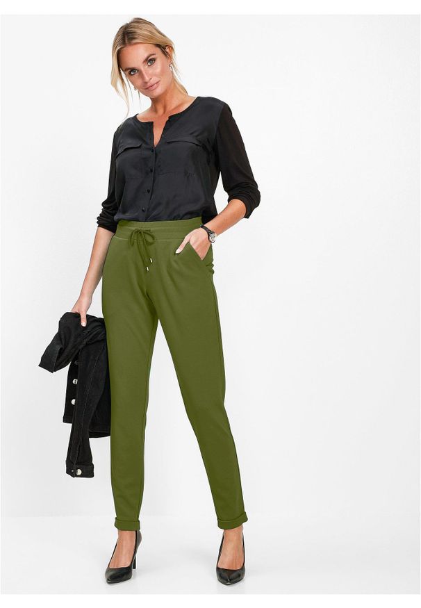 bonprix - Spodnie z gumką w talii, z mieszanki wiskozy. Kolor: zielony. Materiał: wiskoza. Długość: długie