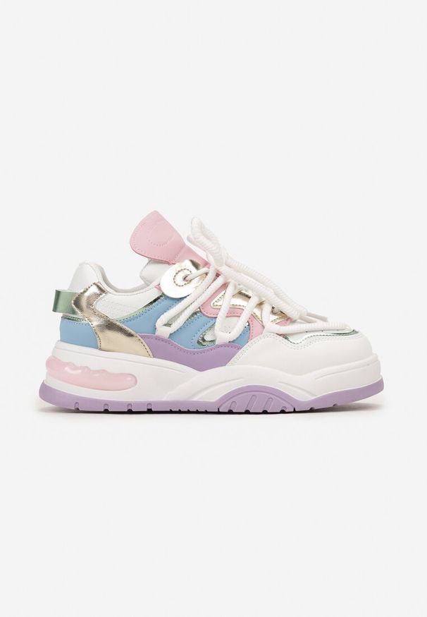 Born2be - Biało-Fioletowe Sneakersy na Grubej Podeszwie z Kolorowymi i Metalicznymi Wstawkami Ecastia. Kolor: biały. Wzór: kolorowy