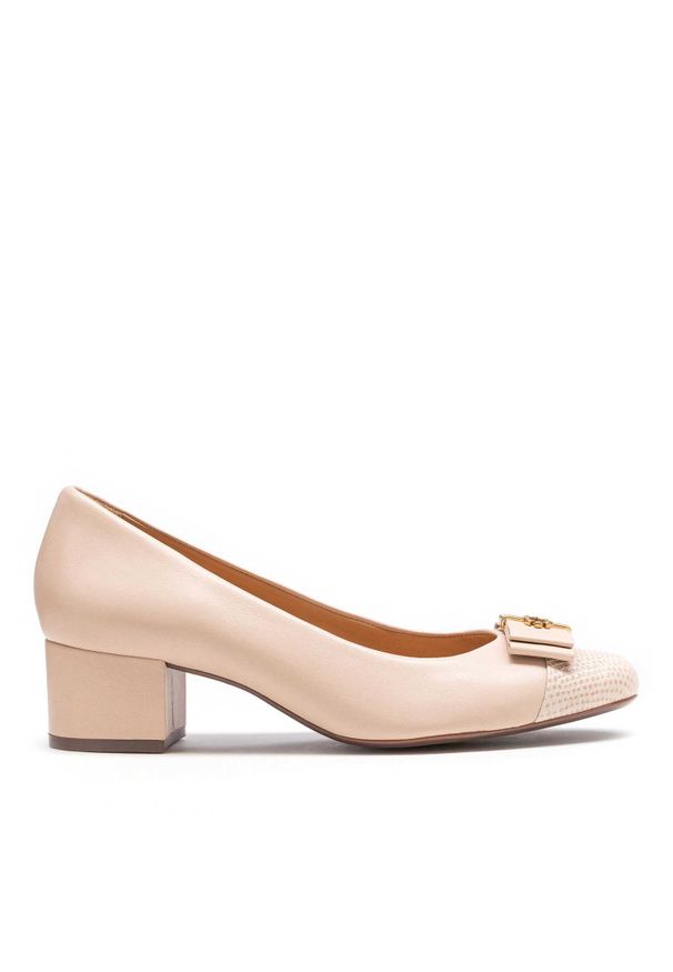 Kazar - Beżowe czółenka damskie. Kolor: beżowy. Materiał: skóra. Obcas: na obcasie. Styl: elegancki. Wysokość obcasa: średni