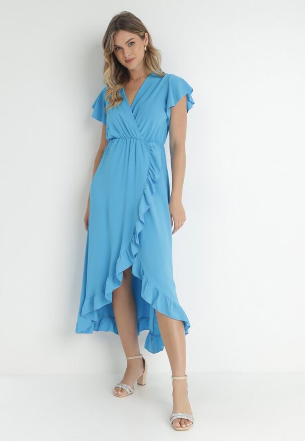 Born2be - Niebieska Sukienka Mailcon. Okazja: na ślub cywilny, na wesele, na imprezę. Kolor: niebieski. Długość rękawa: krótki rękaw. Sezon: lato. Typ sukienki: kopertowe. Styl: elegancki. Długość: maxi