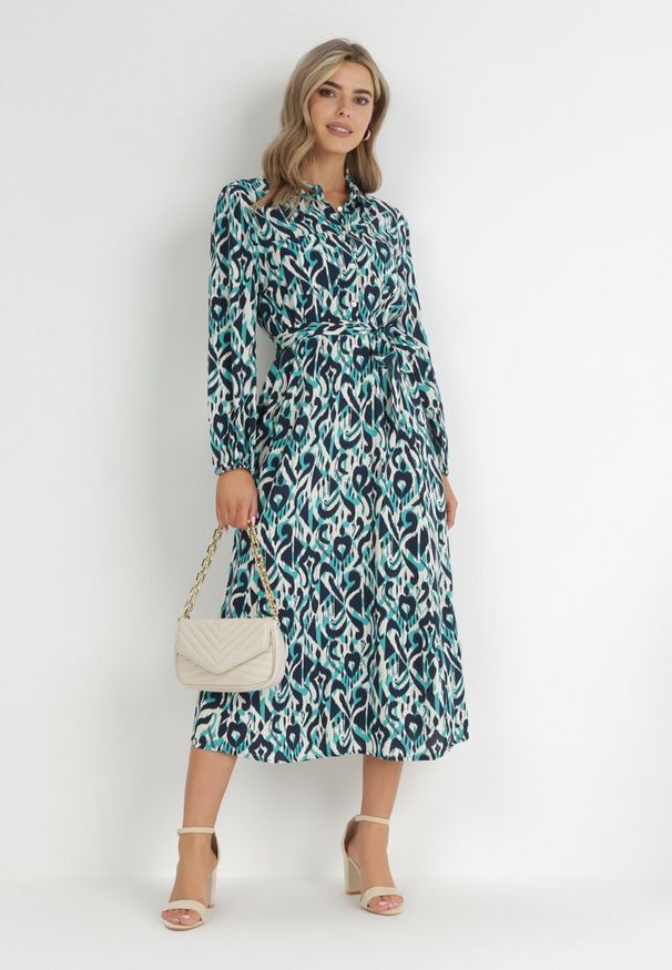 Born2be - Niebieska Koszulowa Sukienka Midi z Wiązanym Paskiem Evalyn. Kolor: niebieski. Materiał: materiał. Długość rękawa: długi rękaw. Typ sukienki: koszulowe. Długość: midi