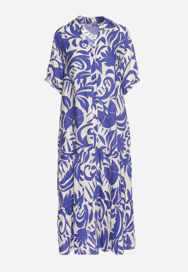 Born2be - Niebieska Wiskozowa Rozkloszowana Sukienka z Falbaną Filindania. Okazja: na co dzień. Kolor: niebieski. Materiał: wiskoza. Styl: casual, elegancki