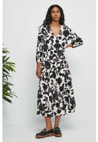 medicine - Medicine sukienka kolor beżowy maxi rozkloszowana. Kolor: beżowy. Materiał: tkanina. Typ sukienki: rozkloszowane. Długość: maxi #1