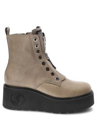 Beżowe Botki Armodo Damskie Modne Obuwie. Okazja: na spacer. Zapięcie: zamek. Kolor: beżowy. Materiał: skóra. Wzór: aplikacja. Obcas: na obcasie. Wysokość obcasa: średni #8