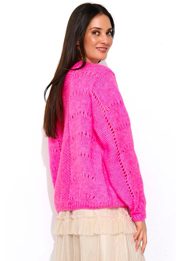 Makadamia - Różowy Luźny Sweter z Ażurowym Wzorem. Kolor: różowy. Materiał: wełna, poliester, moher, akryl. Wzór: ażurowy