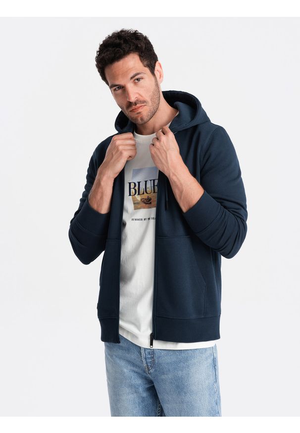 Ombre Clothing - Rozpinana męska bluza dresowa BASIC – granatowa V1 - Rozmiar: S. Okazja: na co dzień. Typ kołnierza: kaptur. Kolor: niebieski. Materiał: dresówka. Styl: casual