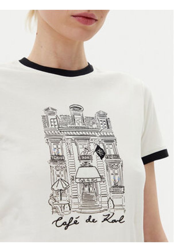 Karl Lagerfeld - KARL LAGERFELD T-Shirt A2W17087 Écru Regular Fit. Typ kołnierza: dekolt w karo. Kolor: kremowy. Materiał: bawełna