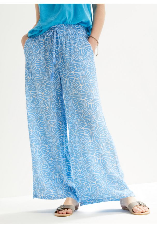 bonprix - Szerokie spodnie kreszowane w długości przed kostkę, z wygodnym paskiem. Kolor: niebieski