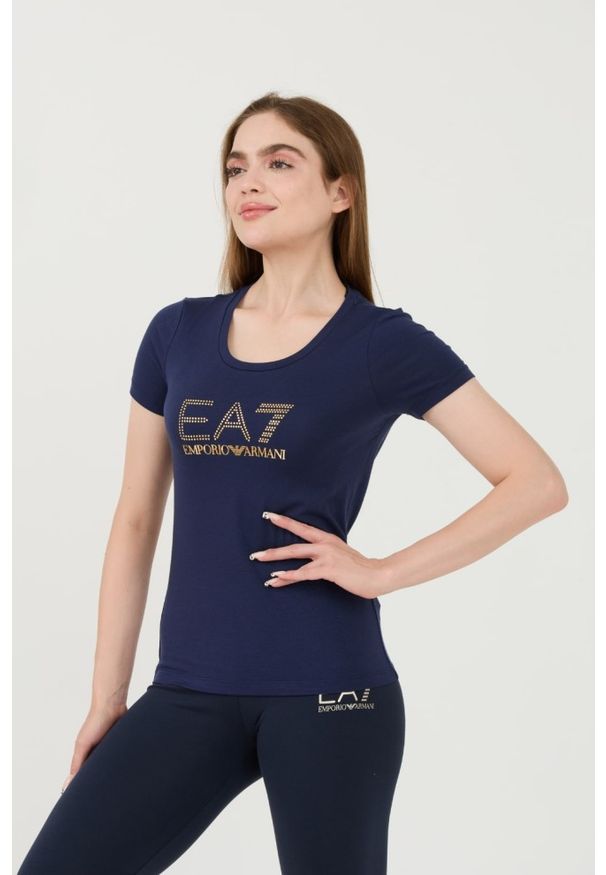 EA7 Emporio Armani - EA7 Granatowy damski t-shirt z cyrkoniami, Rozmiar M. Kolor: niebieski