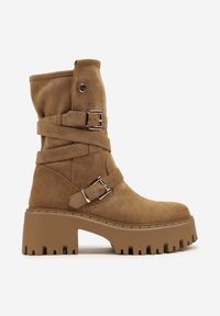 Born2be - Ciemnobeżowe Botki Workery na Grubej Podeszwie i Obcasie z Klamrami Tulanira. Okazja: na co dzień. Zapięcie: klamry. Kolor: beżowy. Materiał: jeans, skóra. Obcas: na obcasie. Styl: klasyczny, casual, elegancki. Wysokość obcasa: średni #3