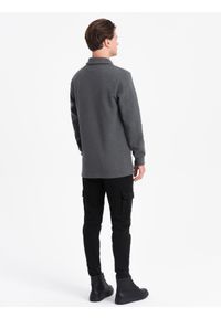 Ombre Clothing - Bluza męska z kołnierzykiem polo ze strukturalnej dzianiny - grafitowy melanż V1 - Rozmiar: M. Typ kołnierza: polo. Kolor: szary. Materiał: dzianina. Wzór: melanż