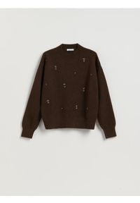Reserved - Sweter z ozdobnymi aplikacjami - ciemnobrązowy. Kolor: brązowy. Materiał: wełna, dzianina. Wzór: aplikacja #1