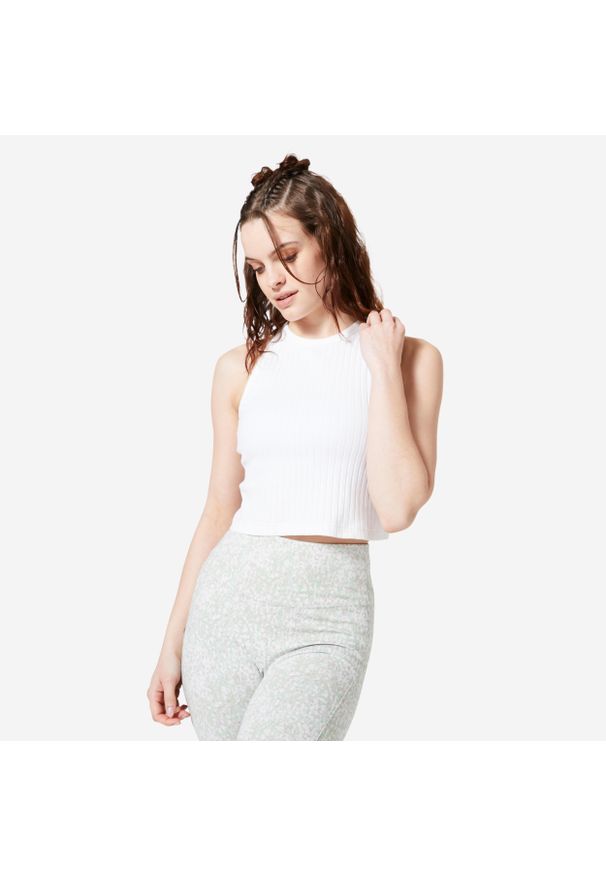 NYAMBA - Koszulka bez rękawów damska Domyos Gym & Pilates crop top. Kolor: biały. Materiał: materiał, elastan, bawełna. Długość rękawa: bez rękawów. Sport: joga i pilates