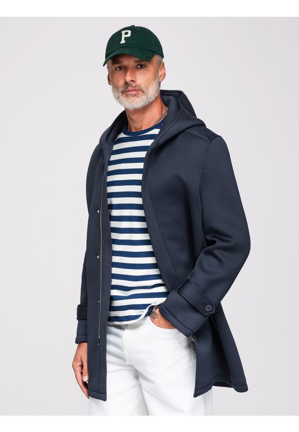 Ombre Clothing - Minimalistyczny płaszcz męski średniej długości z dzianiny scuba - granatowy V5 - Rozmiar: XXL. Okazja: na co dzień. Typ kołnierza: kaptur. Kolor: niebieski. Materiał: dzianina. Wzór: gładki. Styl: elegancki, casual