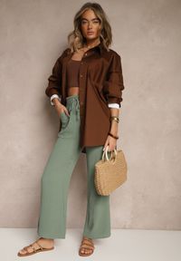 Renee - Ciemnozielone Szerokie Spodnie High Waist z Gumką w Pasie Savimirae. Okazja: na co dzień. Stan: podwyższony. Kolor: zielony. Styl: elegancki, casual #3