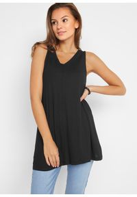 bonprix - Długi top z mieszanki wiskozy. Typ kołnierza: dekolt w serek. Kolor: czarny. Materiał: wiskoza. Długość: długie. Wzór: nadruk, aplikacja #1