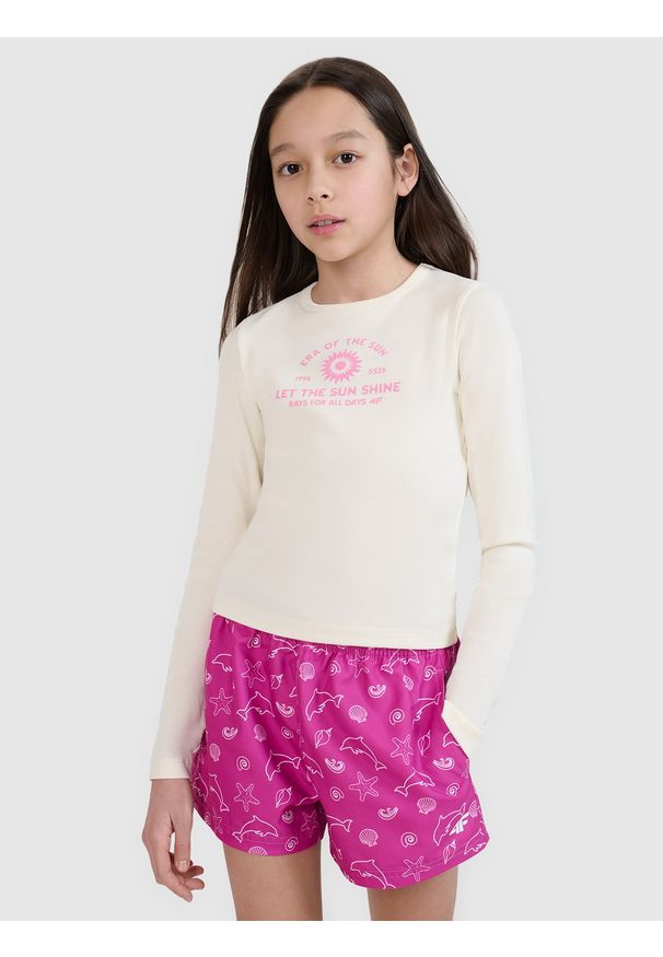 4f - 4F Longsleeve slim z nadrukiem dziewczęcy - biały 152 (11-12 lat). Okazja: na co dzień. Kolor: biały. Materiał: dzianina, bawełna, prążkowany. Długość rękawa: długi rękaw. Długość: długie. Wzór: nadruk. Sezon: lato. Styl: klasyczny, sportowy, casual