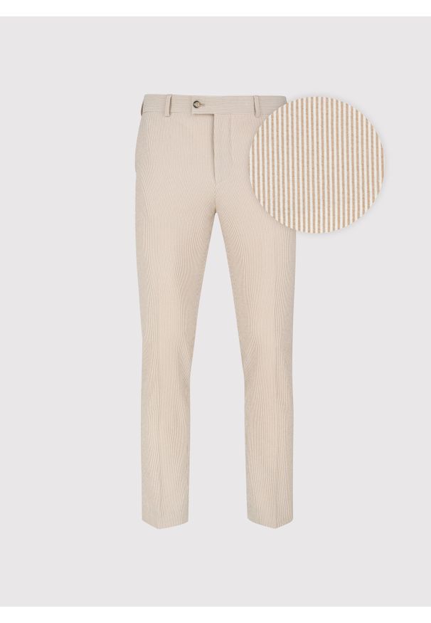 Pako Lorente - PAKO LORENTE - Beżowe spodnie ganiturowe w prążek. Kolor: beżowy. Materiał: poliester, elastan, wiskoza. Wzór: prążki. Styl: elegancki, młodzieżowy