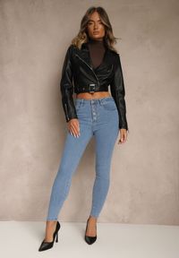 Renee - Niebieskie Bawełniane Jeansy Skinny z Guzikami Hirgisse. Okazja: na co dzień. Stan: podwyższony. Kolor: niebieski. Styl: casual, elegancki