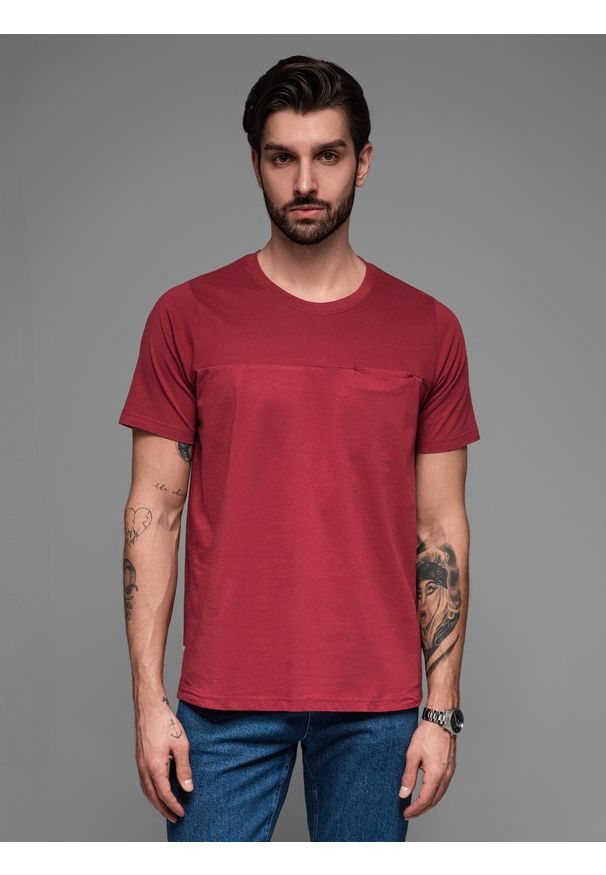 Ombre Clothing - T-shirt LOOSE FIT męski z kieszonką – czerwony V3 - Rozmiar: XL. Okazja: na co dzień. Kolor: czerwony. Materiał: prążkowany, bawełna. Wzór: aplikacja. Styl: klasyczny, casual