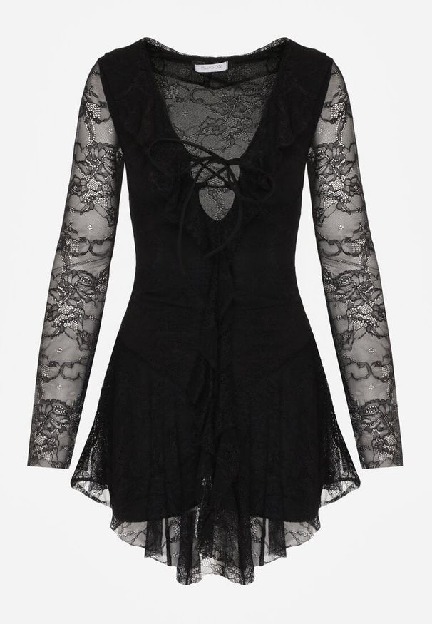 Born2be - Czarna Koronkowa Sukienka Wieczorowa z Wiązaniem przy Dekolcie Ferolena. Okazja: na imprezę. Kolor: czarny. Materiał: koronka. Styl: wizytowy