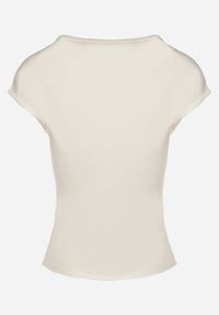 Born2be - Biały T-shirt o Dopasowanym Kroju z Wycięciem i Guzikami przy Dekolcie Ballirea. Okazja: na co dzień. Kolor: biały. Materiał: jeans. Wzór: aplikacja. Styl: elegancki, casual