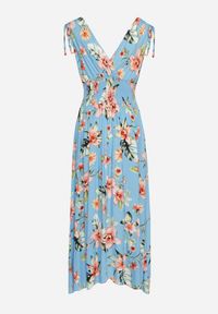 Born2be - Niebieska Sukienka w Kwiaty z Gumką w Pasie i Kopertowym Dekoltem Ściągana na Ramionach Saseria. Kolor: niebieski. Materiał: tkanina. Wzór: kwiaty. Sezon: lato. Typ sukienki: kopertowe #4