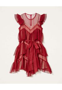 TwinSet - TWINSET - Czerwona sukienka z falbankami. Typ kołnierza: kołnierz z falbankami. Kolor: czerwony. Materiał: tiul, koronka. Typ sukienki: asymetryczne. Długość: mini #3