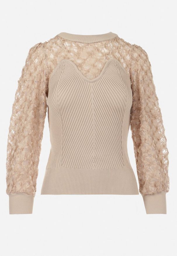 Born2be - Beżowy Sweter z Prążkowanej Dzianiny z Koronką Ratana. Kolor: beżowy. Materiał: dzianina, prążkowany, koronka. Długość: długie. Wzór: koronka. Styl: elegancki